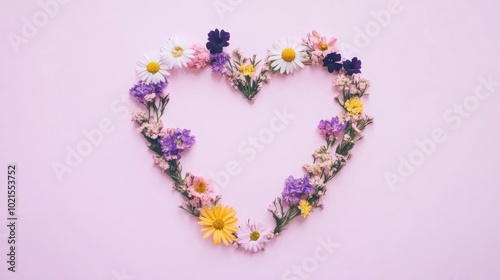 Spring floral heart on pink background for seasonal designs and decor