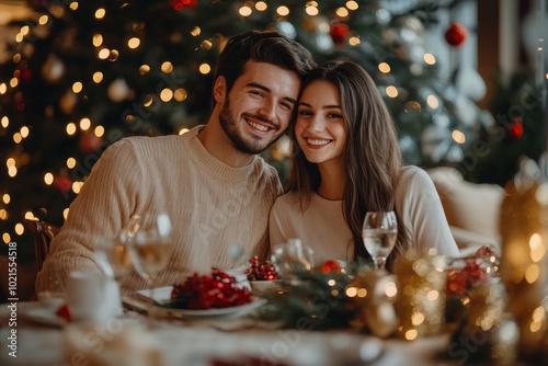 A young couple is sitting at the table and celebrating the new year.