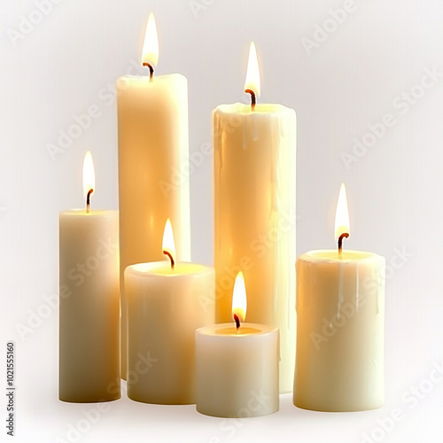 Candles Burning Softly with Warm Glowing Flames on Clean and Smooth Candle Surface, Set Against a Solid White Background