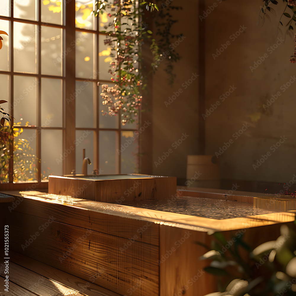 luxury japanese bathhouse, a detailed side view shot of a luxurious, autumn-themed oriental-style interior with a wooden japanese cypress bathtub captured using canon eos r and mm lens luxury japanese bathhouse, a detailed side view shot of a luxurious, autumn-themed oriental-style interior with a wooden japanese cypress bathtub captured using canon eos r and mm lens