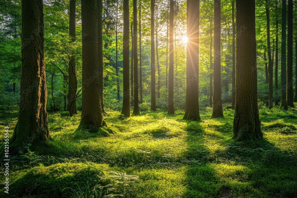 Naklejka premium Sunlight streams through tall trees in a lush green forest, creating a serene and tranquil atmosphere.