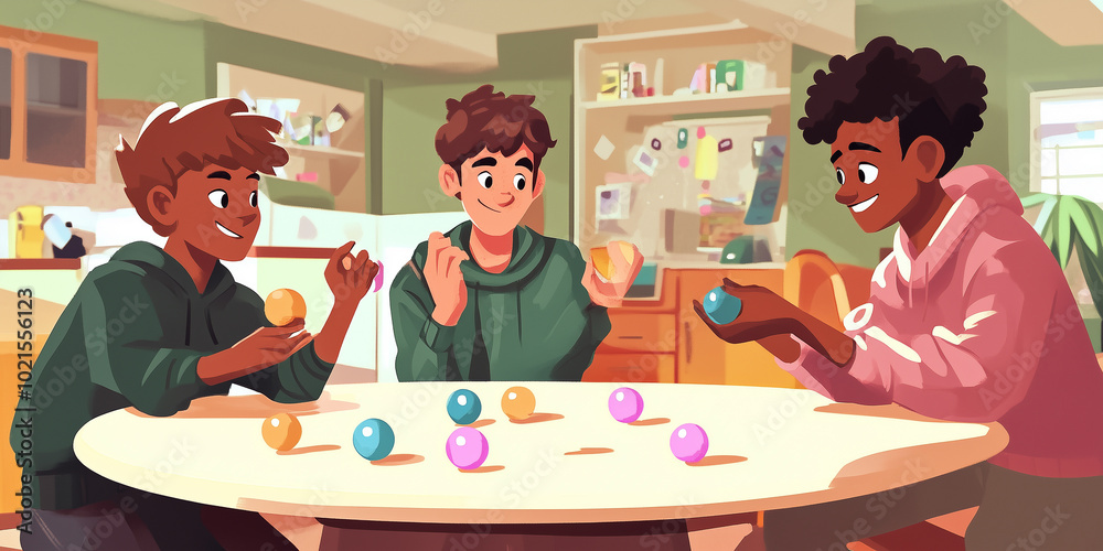 Players flicking marbles to knock out opponent pieces, illustration art Players flicking marbles to knock out opponent pieces, illustration art