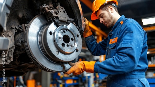 Skilled Mechanic Performing Brake Replacement on a Car During Routine Vehicle Maintenance Service.