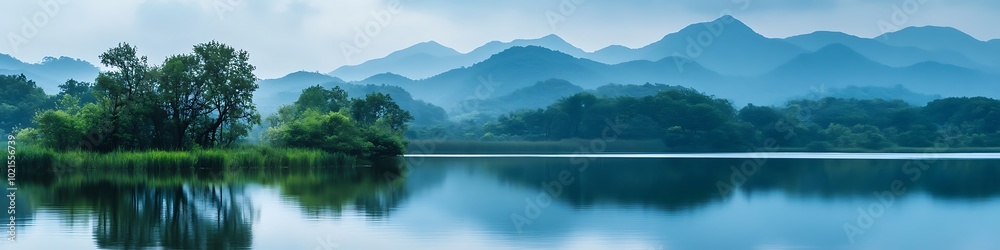 Obraz premium A serene lake with mountains in the distance and space for text