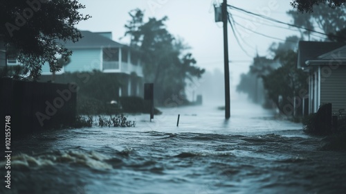 Flooded street during a strong hurricane. The water rose to the sidewalk level and flooded the courtyards of houses, creating seething streams.