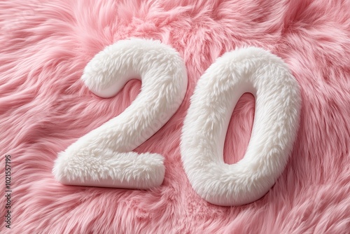 Fluffy White Number 20 on Soft Pink Fur Background