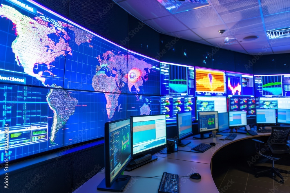 Fototapeta premium A network operations center with screens displaying global data traffic