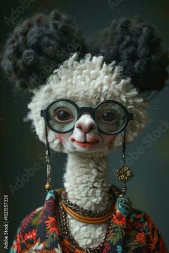 A llama wearing a colorful shirt and glasses photo