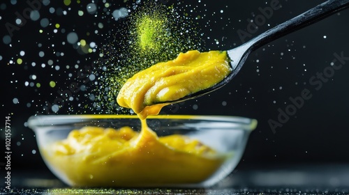 A close-up of a spoon lifting a vibrant yellow sauce with a sprinkle of green above it, set against a dark, dynamic background, capturing motion and texture. photo