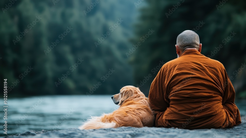 The back view shows a monk in orange robes and a golden retriever seated calmly by a river, epitomizing serenity and companionship in nature's embrace. The back view shows a monk in orange robes and a golden retriever seated calmly by a river, epitomizing serenity and companionship in nature's embrace.