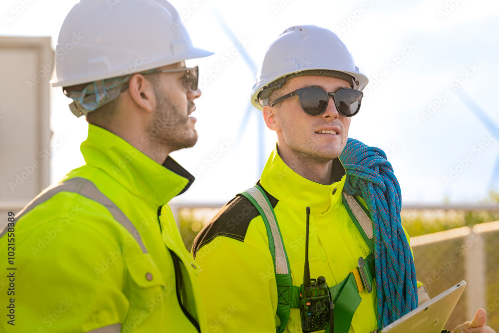 Two engineers in safety helmets and high visibility jackets engage in a field inspection. One is pointing while carrying a safety rope, highlighting communication, safety, and teamwork.
