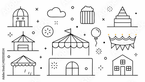 Event Tent Thin Line Icon Set: Festival, Circus, Party, Sales, Carnival, Awning, Marquee, and Pavilion Vector