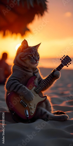 A Russian gray cat in playing guitar on the beach at a bar at sunset on the beach hyper realistic 8k