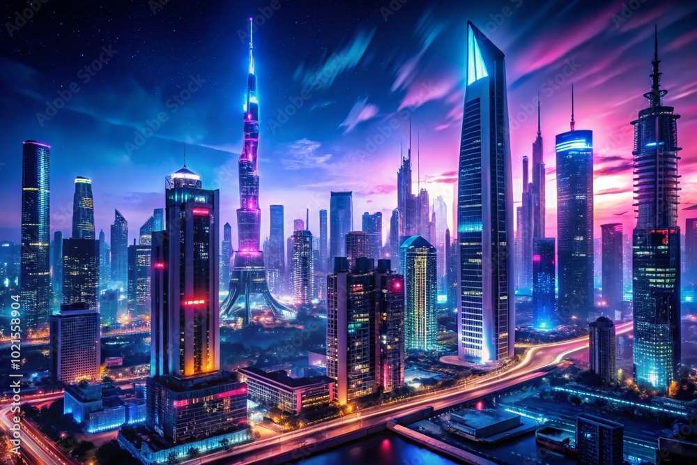 Fototapeta premium Stunning futuristic cityscape with advanced architecture, neon lights, and a vibrant skyline at night