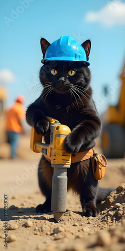 A humanoid cat construction worker is working at the construction site