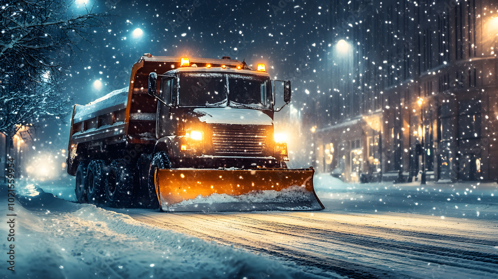 Snowplow Clearing Streets on a Snowy Winter Night Snowplow Clearing Streets on a Snowy Winter Night