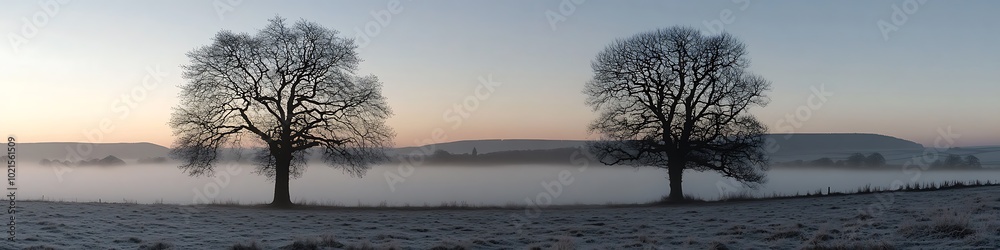A serene, misty morning in the countryside with a clear sky and space for text A serene, misty morning in the countryside with a clear sky and space for text