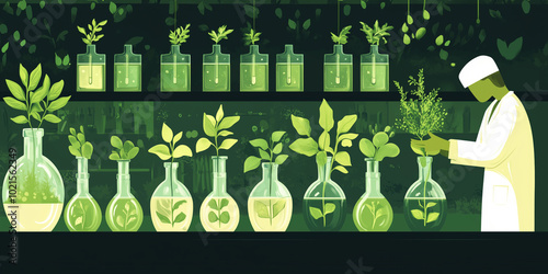 Human maintaining a nutrient film technique system for herbs, illustration art