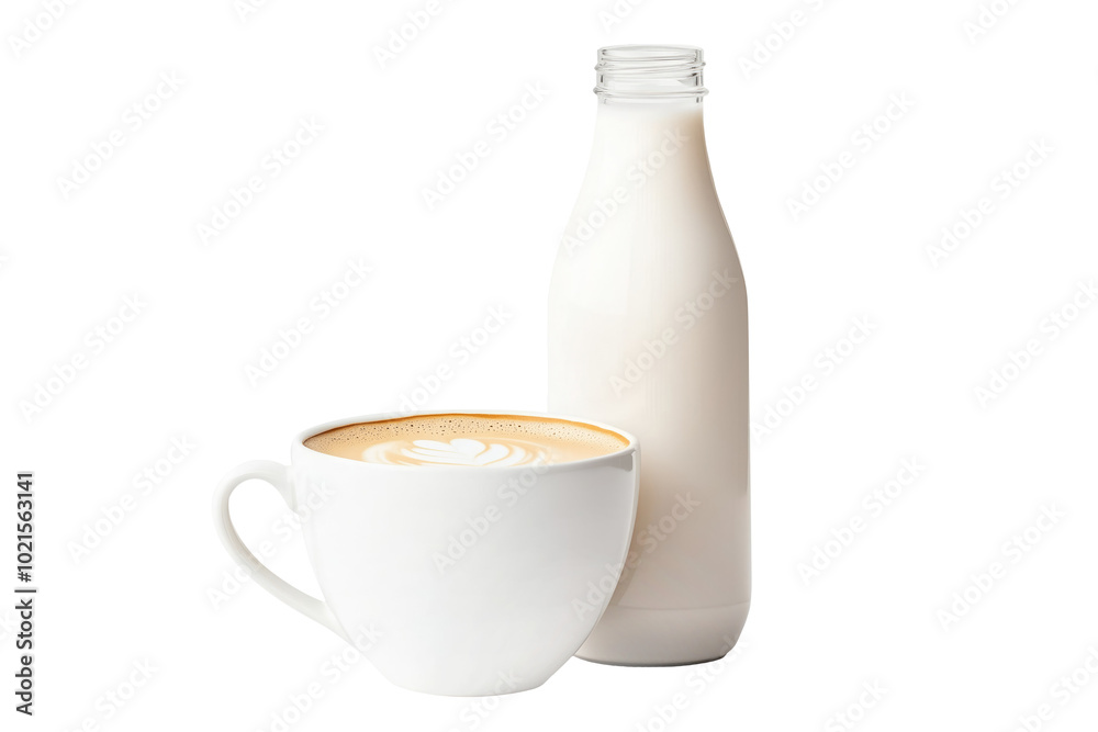 Coffee cup with heart-shaped latte art beside a milk bottle isolated on white background. Concept of coffee, dairy, and breakfast Coffee cup with heart-shaped latte art beside a milk bottle isolated on white background. Concept of coffee, dairy, and breakfast