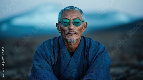 An elderly man with blue-tinted glasses sits in a wide-open landscape, exuding a sense of calm and wisdom amidst the natural beauty of the environment. photo