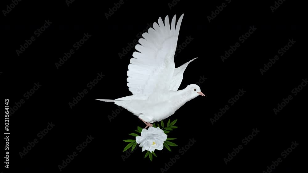 White Dove Bird with White Peony Flower - Flying Loop - Side Close Up ...