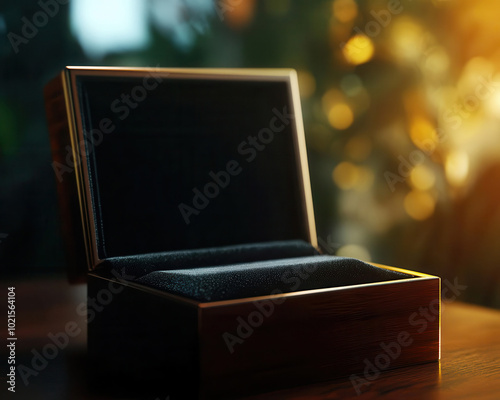 Open Wooden Gift Box with Black Velvet Interior on Wooden Table