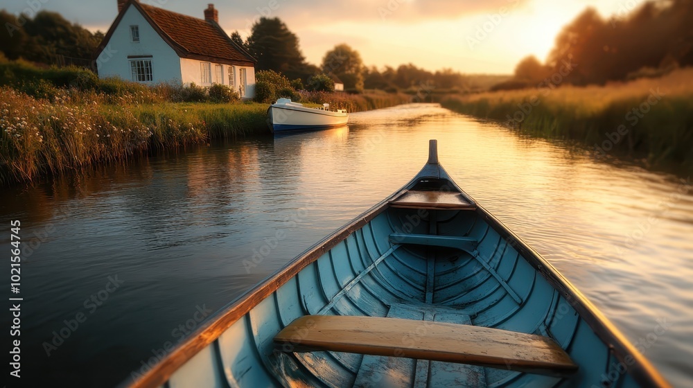 A tranquil river scene with a boat gently bobbing in the water, leading to a quaint house that catches the warm glow of sunset amidst lush greenery and flowers. A tranquil river scene with a boat gently bobbing in the water, leading to a quaint house that catches the warm glow of sunset amidst lush greenery and flowers.