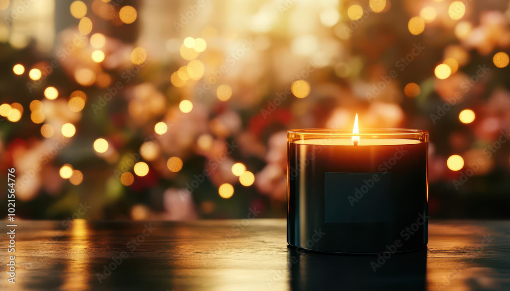 Burning Candle on Wooden Table with Bokeh Background Burning Candle on Wooden Table with Bokeh Background