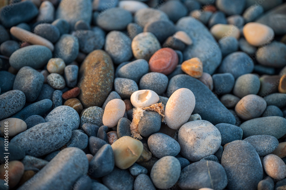 A beach with rocks and pebbles, and small stones up close. A beach with rocks and pebbles, and small stones up close.