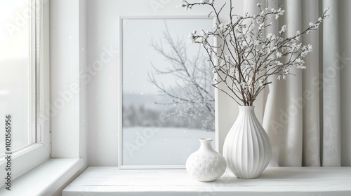 A beautiful winter scene with a snow-covered tree and a vase of white flowers. photo