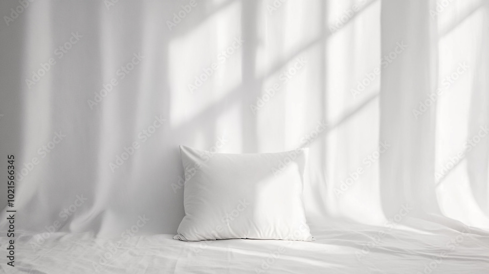 A simple white pillow rests on soft fabric in a sunlit room with gentle shadows from nearby windows A simple white pillow rests on soft fabric in a sunlit room with gentle shadows from nearby windows