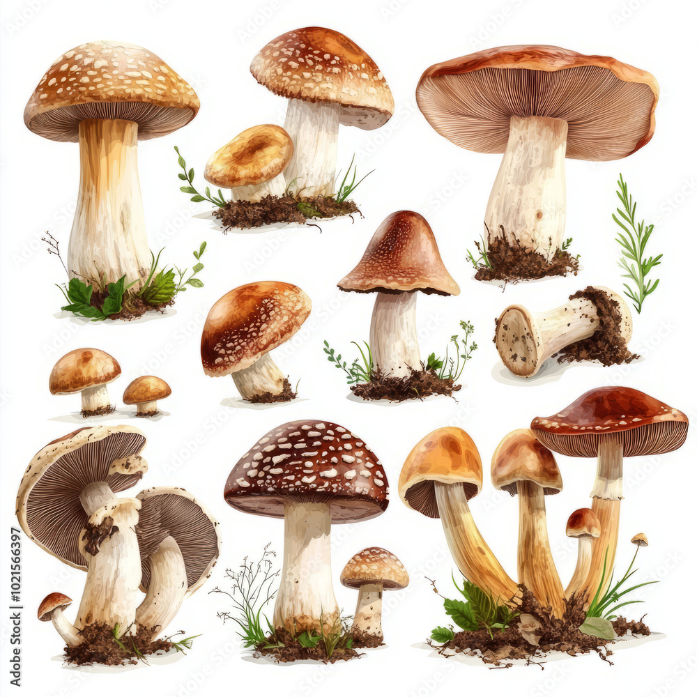 Fresh Porcini Mushrooms with Soil Isolated on white Background Fresh Porcini Mushrooms with Soil Isolated on white Background