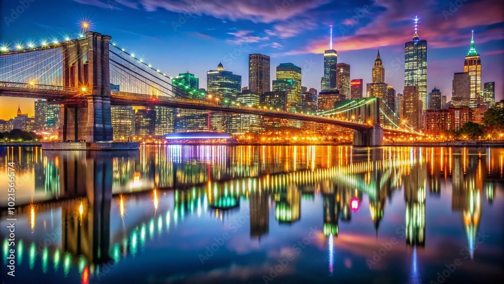 Naklejka premium Stunning Images of the Brooklyn Bridge at Night with Illuminated Skyline Reflections for Cityscape Photography Lovers