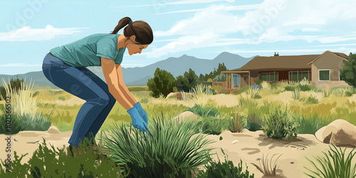 Person removing turf grass to create xeriscape landscape, illustration art photo