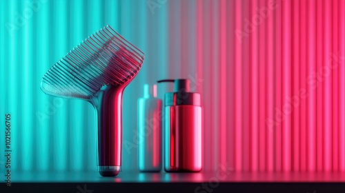 A hairbrush with a sleek design sits alongside cosmetic bottles under dynamic lighting, blending vibrant hues of red and cyan that enhance a modern aesthetic. photo