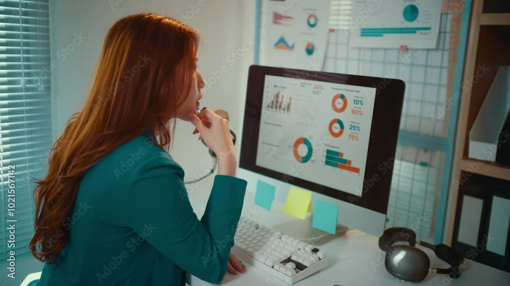 Businesswoman is sitting at her desk, analyzing data on her computer screen. She is speaking into a microphone, possibly recording a podcast or participating in a video conference Businesswoman is sitting at her desk, analyzing data on her computer screen. She is speaking into a microphone, possibly recording a podcast or participating in a video conference