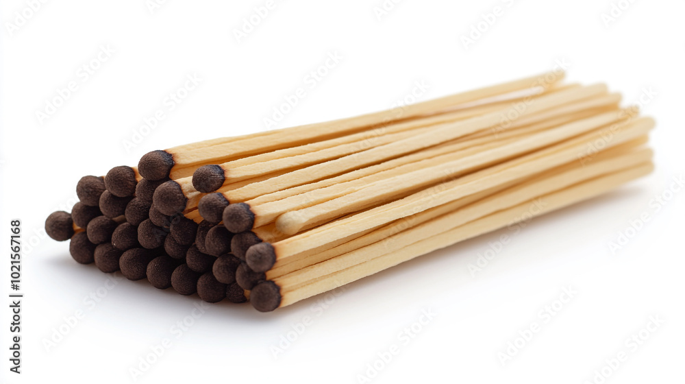 A bundle of wooden matchsticks with striking heads arranged neatly on a white background A bundle of wooden matchsticks with striking heads arranged neatly on a white background