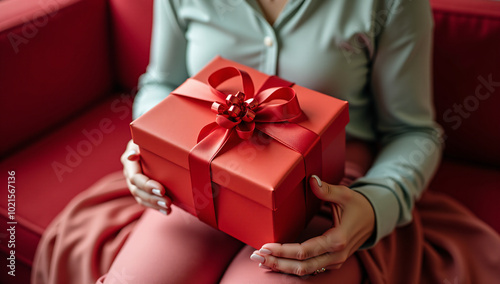 A woman sits on a couch, holding a red gift box wrapped with a bow. The scene reflects the joy and anticipation of receiving a thoughtful Valentine's Day present.