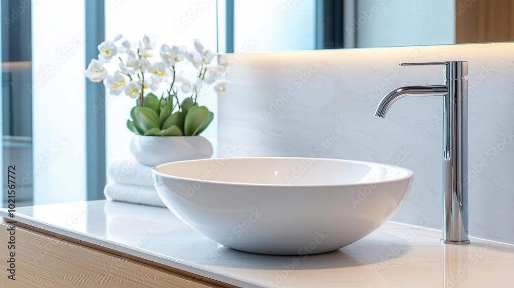 Luxury bathroom with a sleek marble sink, light wooden cabinetry, and smart storage for functionality, modern design, functional elegance