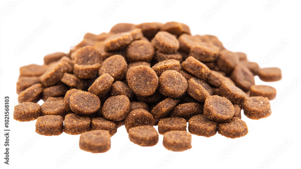 Dry pet food pellets arranged in a neat pile, showcasing their rich brown color and texture Dry pet food pellets arranged in a neat pile, showcasing their rich brown color and texture