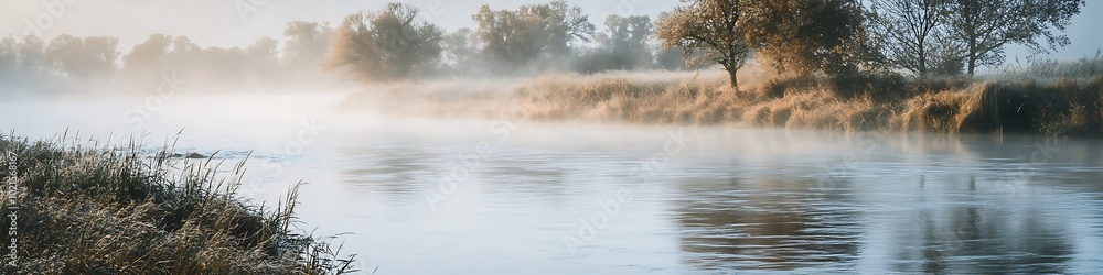 A serene, misty river with soft reflections and space for text A serene, misty river with soft reflections and space for text
