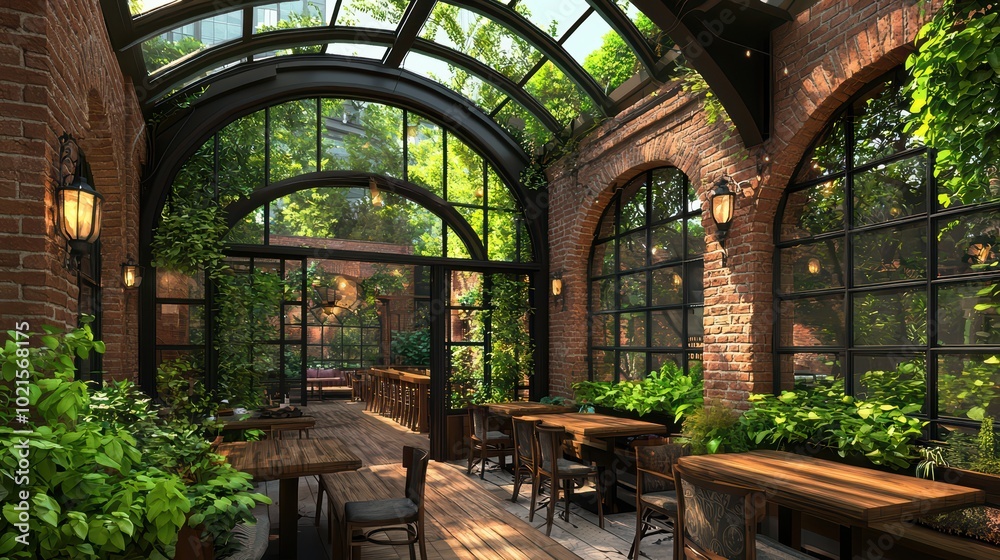 A cozy, modern indoor garden space with wooden tables, surrounded by lush greenery and large windows. A cozy, modern indoor garden space with wooden tables, surrounded by lush greenery and large windows.