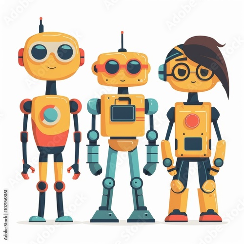 Three cute cartoon robots standing in a row