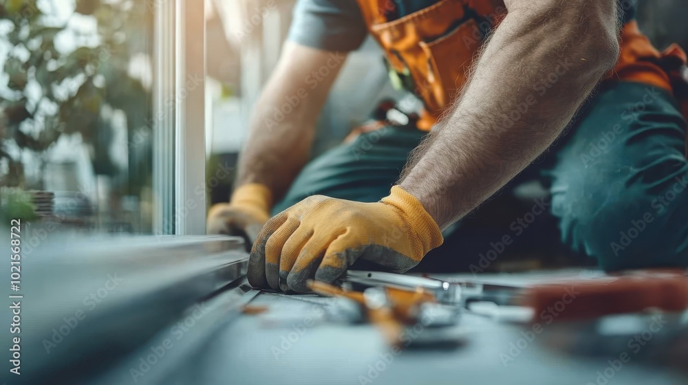 A skilled construction worker wearing orange gloves is focused on using tools for a building project, capturing the essence of craftsmanship and diligence at work. A skilled construction worker wearing orange gloves is focused on using tools for a building project, capturing the essence of craftsmanship and diligence at work.