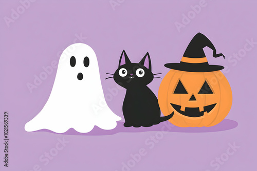 Cute Halloween Illustration with Ghost, Black Cat, and Jack-o'-lantern