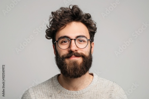 Young handsome man with beard over isolated white background with glasses and smiling