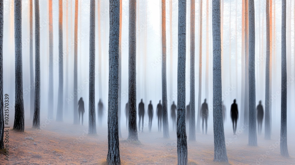Mysterious Figures in a Misty Forest, AI