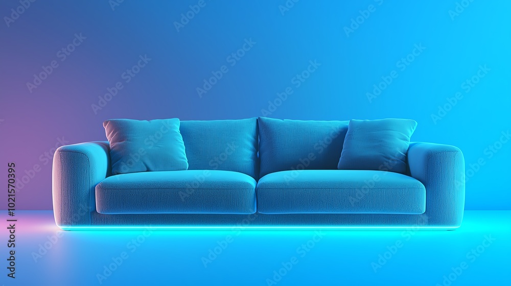 Fototapeta premium A stylish modern couch with vibrant blue lighting, perfect for contemporary home decor and interior design inspiration.