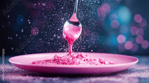 A spoon lifts a vibrant pink, sugary mixture from a matching plate, accentuating the texture and sparkle against a softly focused, colorful bokeh background.