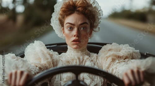 A woman dressed in vintage attire drives an antique car along a rural road, capturing the essence of exploration, nostalgia, and classic elegance in motion. photo